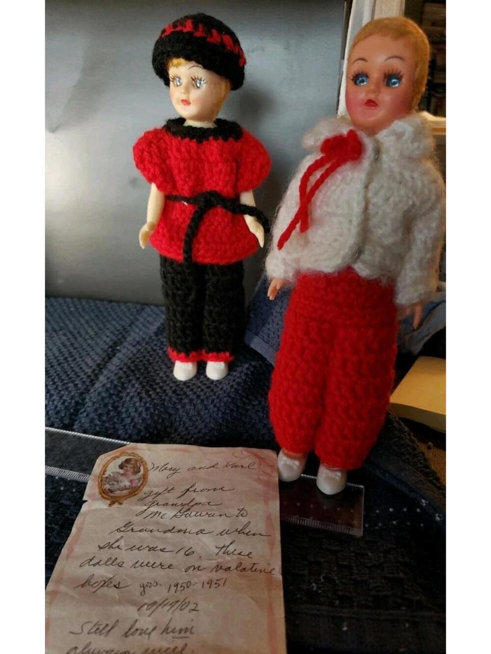 8" OPEN SHUT EYE CROCHET 1950 Handmade Valentine's Day Comes W Letter Vintage